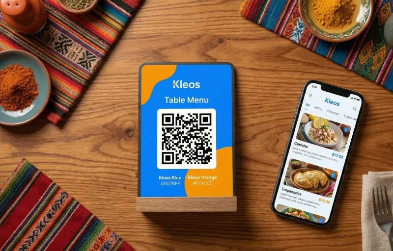 Mesa de restaurante con código QR y teléfono mostrando menú digital personalizado
